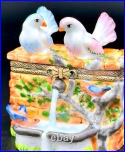 Authentic Rochard Limoges Bird Bath Fountain Trinket Box Doves Bluebirds France