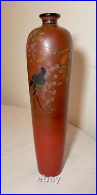 BIG antique 19th century Japanese Meiji red totai cloisonné porcelain bird vase