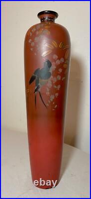 BIG antique 19th century Japanese Meiji red totai cloisonné porcelain bird vase