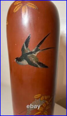 BIG antique 19th century Japanese Meiji red totai cloisonné porcelain bird vase