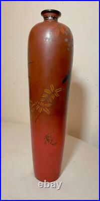BIG antique 19th century Japanese Meiji red totai cloisonné porcelain bird vase