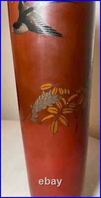 BIG antique 19th century Japanese Meiji red totai cloisonné porcelain bird vase