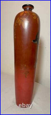 BIG antique 19th century Japanese Meiji red totai cloisonné porcelain bird vase