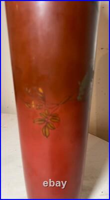 BIG antique 19th century Japanese Meiji red totai cloisonné porcelain bird vase