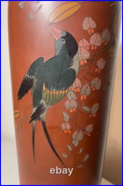 BIG antique 19th century Japanese Meiji red totai cloisonné porcelain bird vase