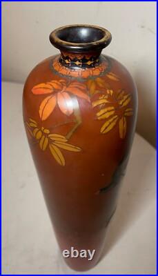 BIG antique 19th century Japanese Meiji red totai cloisonné porcelain bird vase