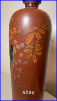 BIG antique 19th century Japanese Meiji red totai cloisonné porcelain bird vase