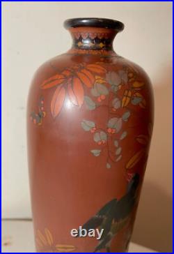 BIG antique 19th century Japanese Meiji red totai cloisonné porcelain bird vase
