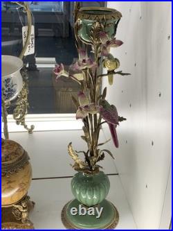 BRONZE PORCELAIN CANDLE HOLDER Statue Birds Decor Art Flower Home Gift Rare