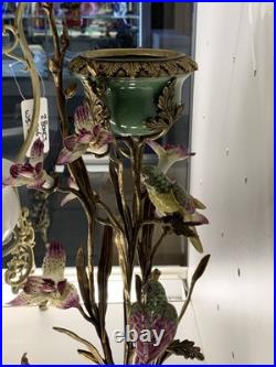 BRONZE PORCELAIN CANDLE HOLDER Statue Birds Decor Art Flower Home Gift Rare