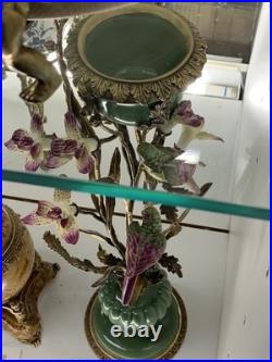 BRONZE PORCELAIN CANDLE HOLDER Statue Birds Decor Art Flower Home Gift Rare