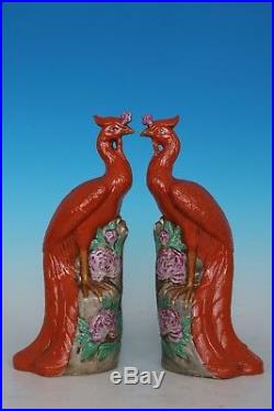 Beautiful Chinese Pair Famille Rose Rare Porcelain Peacock Statues