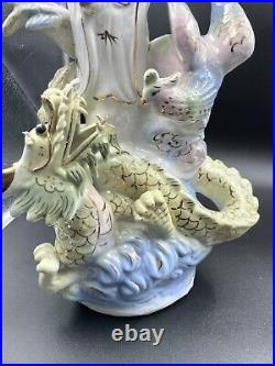 Beautiful Chinese porcelain ceramic statue. Chinese Lady with Dragon and bird