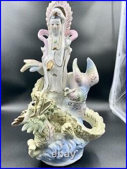 Beautiful Chinese porcelain ceramic statue. Chinese Lady with Dragon and bird