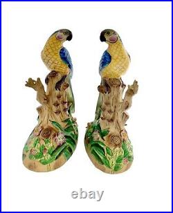 Bird Figurine Pair Tropical Parrot Porcelain Statue Vintage Colourful Decor