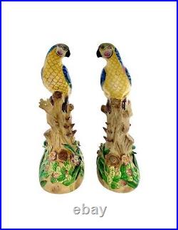 Bird Figurine Pair Tropical Parrot Porcelain Statue Vintage Colourful Decor