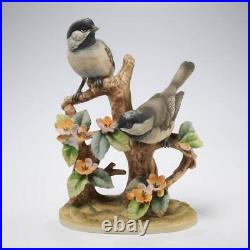 Black Capped Chickadee Porcelain Figurine by Andrea Birds on Branch Flowers 9.5