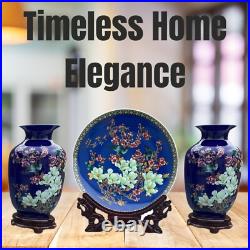 Blue Porcelain 2 Vases & Plate Set with Resin Stands Birds & Floral Design