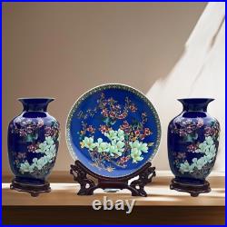 Blue Porcelain 2 Vases & Plate Set with Resin Stands Birds & Floral Design