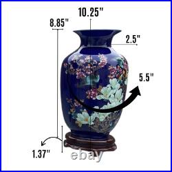 Blue Porcelain 2 Vases & Plate Set with Resin Stands Birds & Floral Design