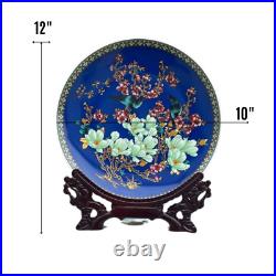 Blue Porcelain 2 Vases & Plate Set with Resin Stands Birds & Floral Design