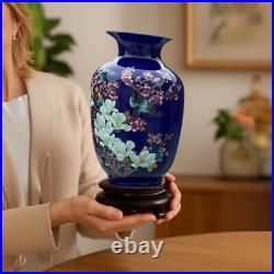 Blue Porcelain 2 Vases & Plate Set with Resin Stands Birds & Floral Design