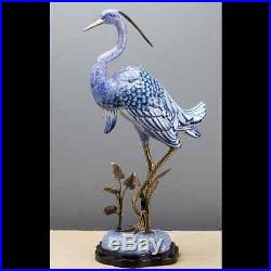 Blue & White Bronze Ormolu Porcelain Egret Bird Statue/Figurine, 24''H