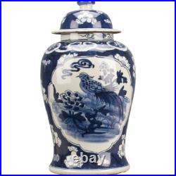 Blue and White Porcelain Bird Motif Temple Jar 11 x 20''H