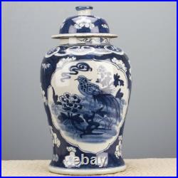 Blue and White Porcelain Bird Motif Temple Jar 11 x 20''H
