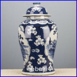 Blue and White Porcelain Bird Motif Temple Jar 11 x 20''H