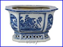 Blue and White Porcelain Hexagonal Planter Floral Bird