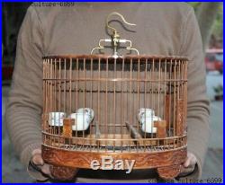 Boxwood wood Inlay porcelain carved Dragon statue Bird vessel Birdcage bird cage