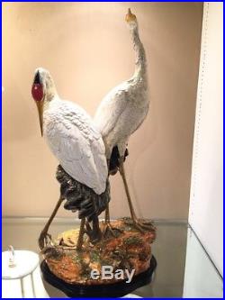 Bronze Ormolu Double Cranes Porcelain Figurine Statue Heron Wading Birds 25''H