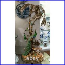 Bronze/ Porcelain Peacock And Birds Palm Garden Sculpture-33''h