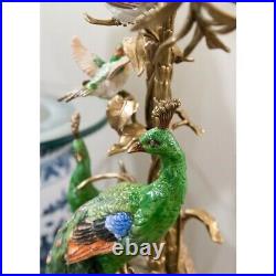 Bronze/ Porcelain Peacock And Birds Palm Garden Sculpture-33''h