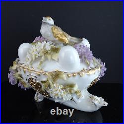 C1880 Dresden Porcelain Bird on Nest Potpourri Box with applied flowers