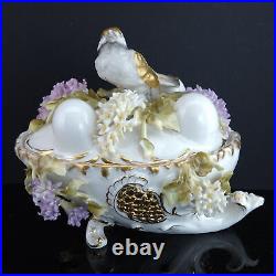 C1880 Dresden Porcelain Bird on Nest Potpourri Box with applied flowers