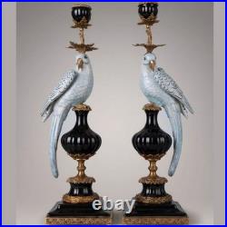 CANDLE HOLDERS BRONZE PAIR PORCELAIN PARROT MOUNTED Candlesticks Birds Decor Art