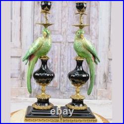 CANDLE HOLDERS BRONZE PAIR PORCELAIN PARROT MOUNTED Candlesticks Birds Decor Art