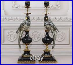 CANDLE HOLDERS BRONZE PAIR PORCELAIN PARROT MOUNTED Candlesticks Birds Decor Art