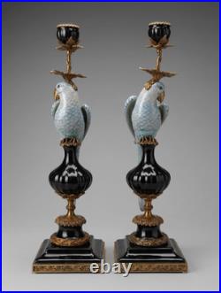 CANDLE HOLDERS BRONZE PAIR PORCELAIN PARROT MOUNTED Candlesticks Birds Decor Art