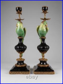 CANDLE HOLDERS BRONZE PAIR PORCELAIN PARROT MOUNTED Candlesticks Birds Decor Art