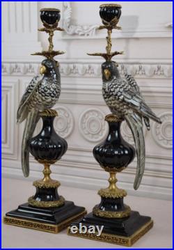 CANDLE HOLDERS BRONZE PAIR PORCELAIN PARROT MOUNTED Candlesticks Birds Decor Art