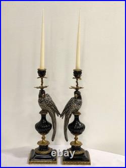 CANDLE HOLDERS BRONZE PAIR PORCELAIN PARROT MOUNTED Candlesticks Birds Decor Art