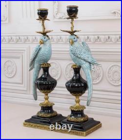 CANDLE HOLDERS BRONZE PAIR PORCELAIN PARROT MOUNTED Candlesticks Birds Decor Art