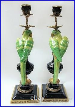CANDLE HOLDERS BRONZE PAIR PORCELAIN PARROT MOUNTED Candlesticks Birds Decor Art