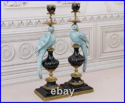 CANDLE HOLDERS BRONZE PAIR PORCELAIN PARROT MOUNTED Candlesticks Birds Decor Art