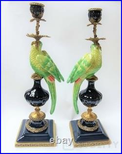 CANDLE HOLDERS BRONZE PAIR PORCELAIN PARROT MOUNTED Candlesticks Birds Decor Art