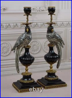 CANDLE HOLDERS BRONZE PAIR PORCELAIN PARROT MOUNTED Candlesticks Birds Decor Art