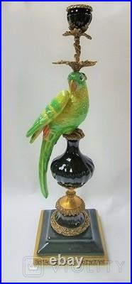 CANDLE HOLDERS BRONZE PAIR PORCELAIN PARROT MOUNTED Candlesticks Birds Decor Art